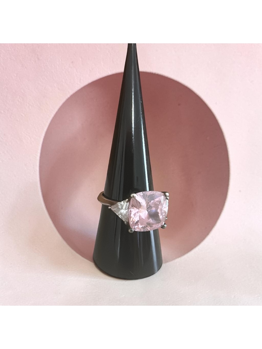 Sterling Silver Pink CZ Cushion Ring, Trillion Accents, Size 8”